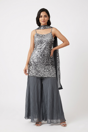 Deep Grey Sequin Embroidered Festive Kurta Set With Dupatta
