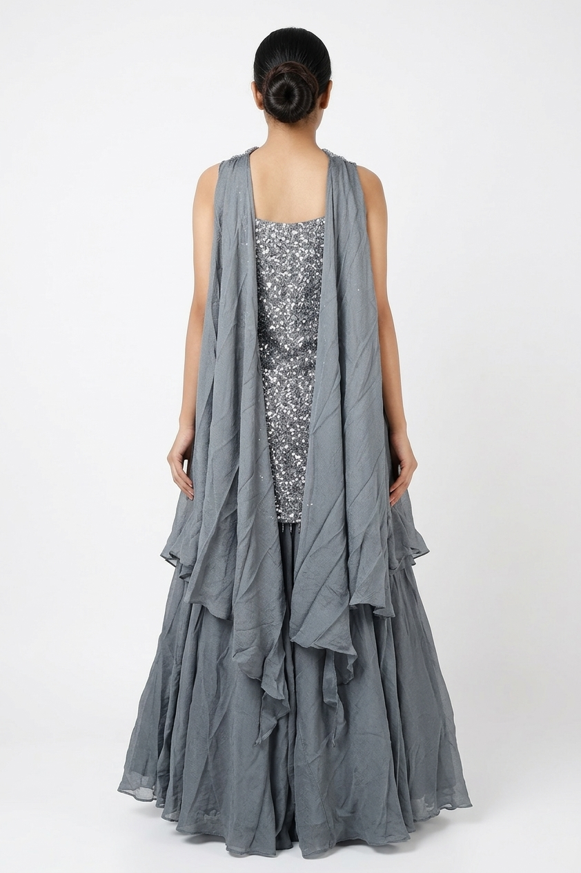 Deep Grey Sequin Embroidered Festive Kurta Set With Dupatta