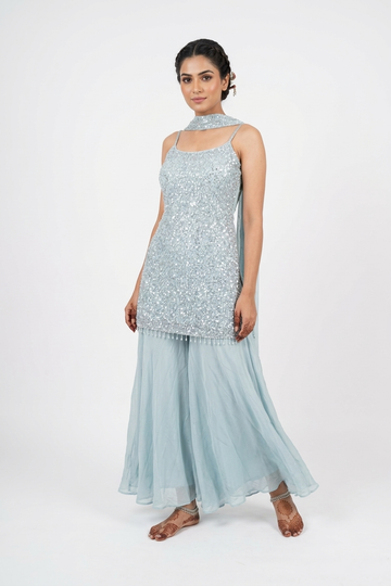 Pastel Sky Blue Sequin Embroidered Kurta Set With Flared Palazzo & Dupatta