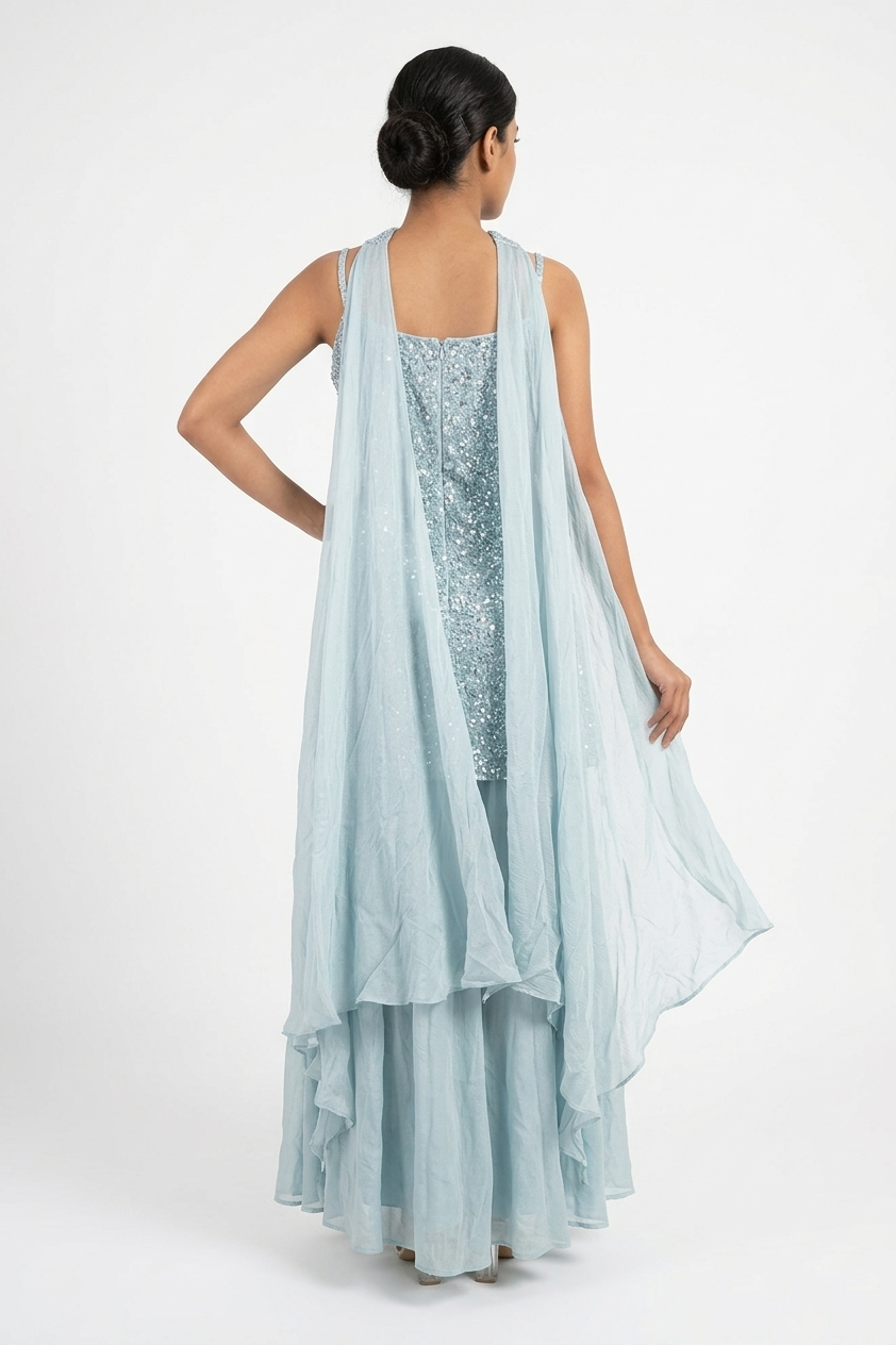 Pastel Sky Blue Sequin Embroidered Kurta Set With Flared Palazzo & Dupatta