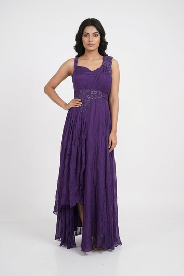 Royal Purple Draped Evening Gown With Embellished Waist Detail