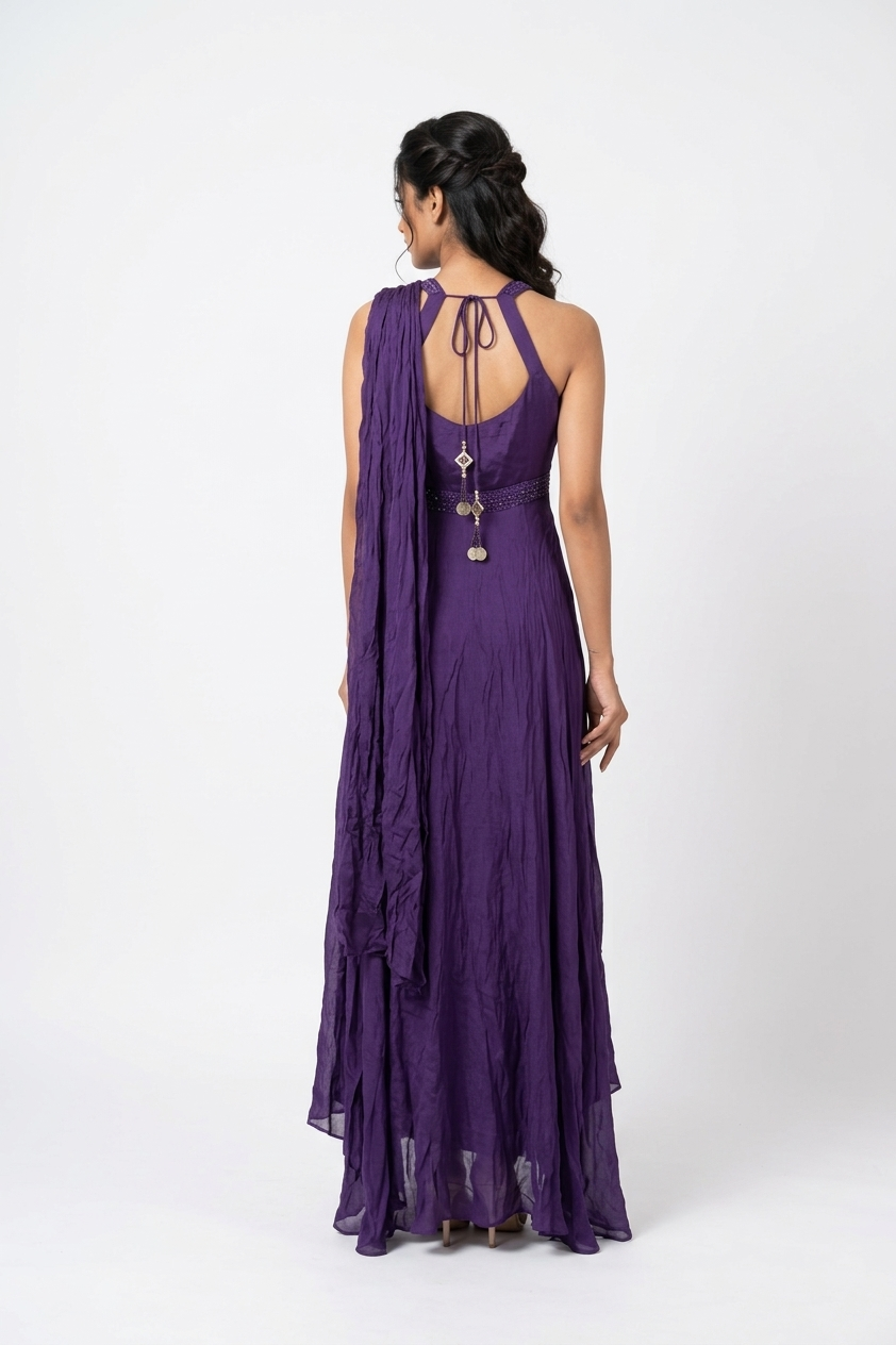 Royal Purple Draped Evening Gown With Embellished Waist Detail