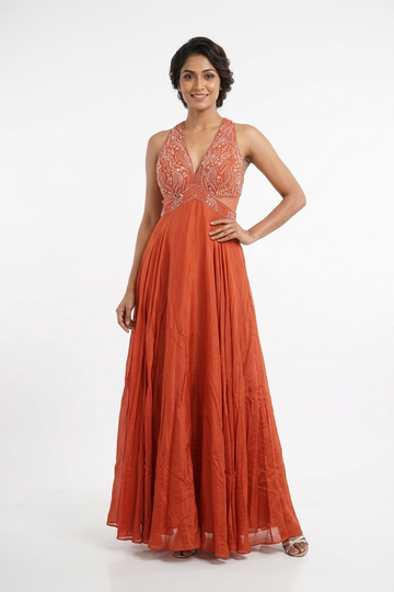 Reddish Copper Embellished Anarkali Gown