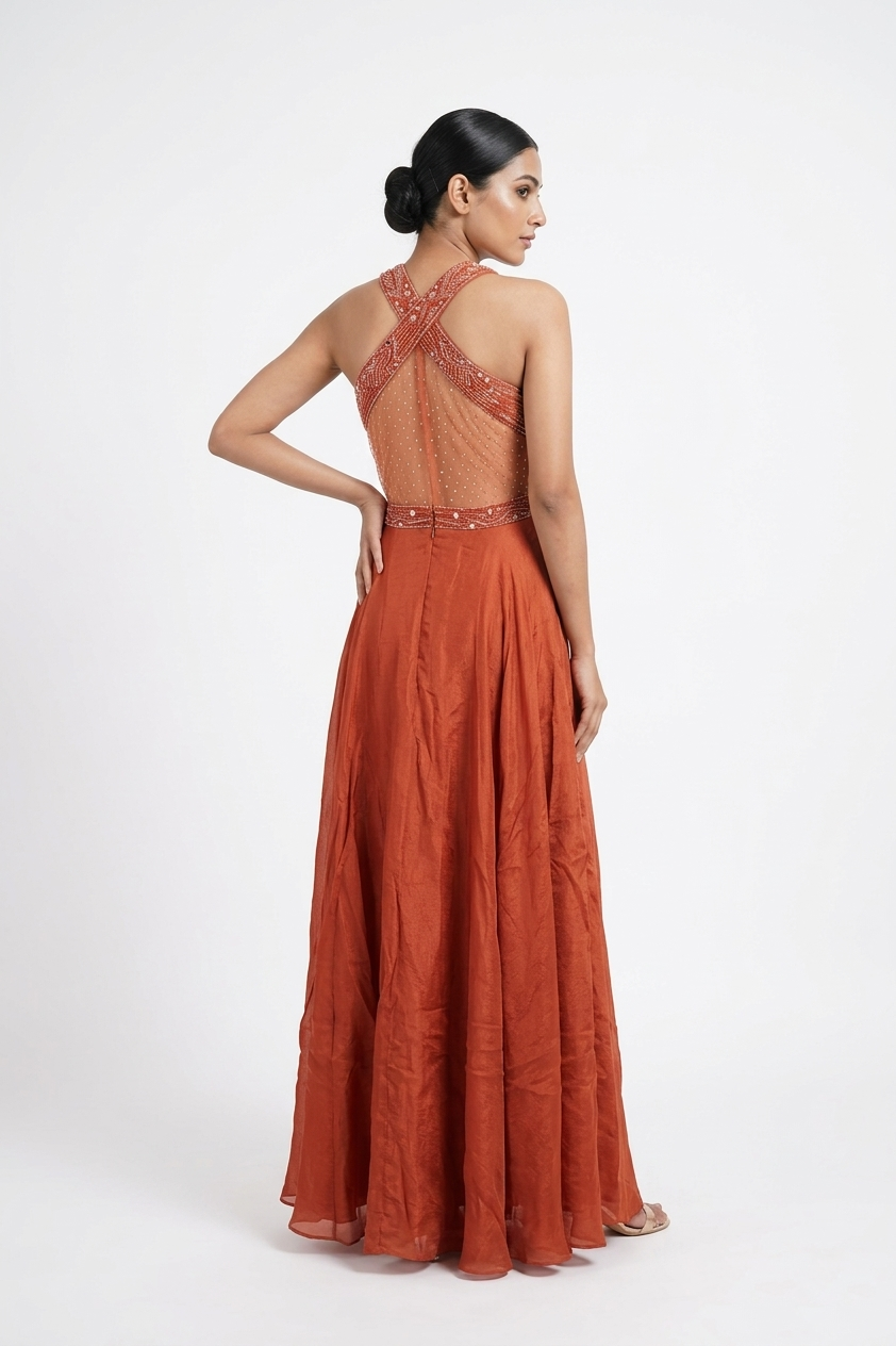 Reddish Copper Embellished Anarkali Gown