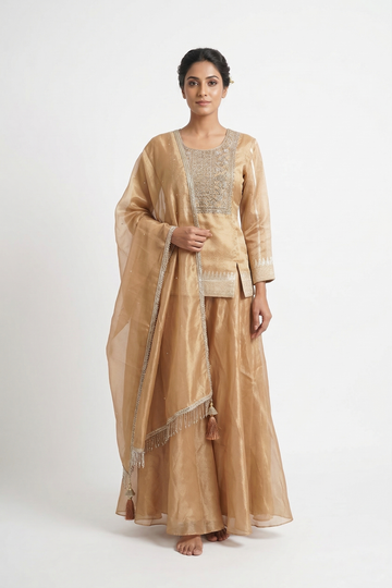 Champagne Gold Embroidered Lehenga Choli With Organza Dupatta & Flared Skirt