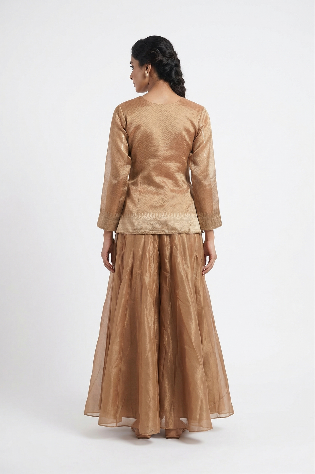 Champagne Gold Embroidered Lehenga Choli With Organza Dupatta & Flared Skirt