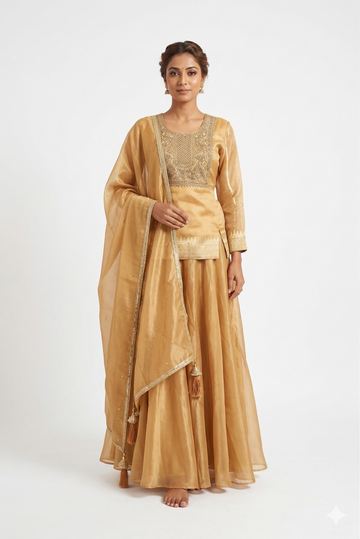 Gold Silk Lehenga Set With Embroidered Kurta & Organza Dupatta