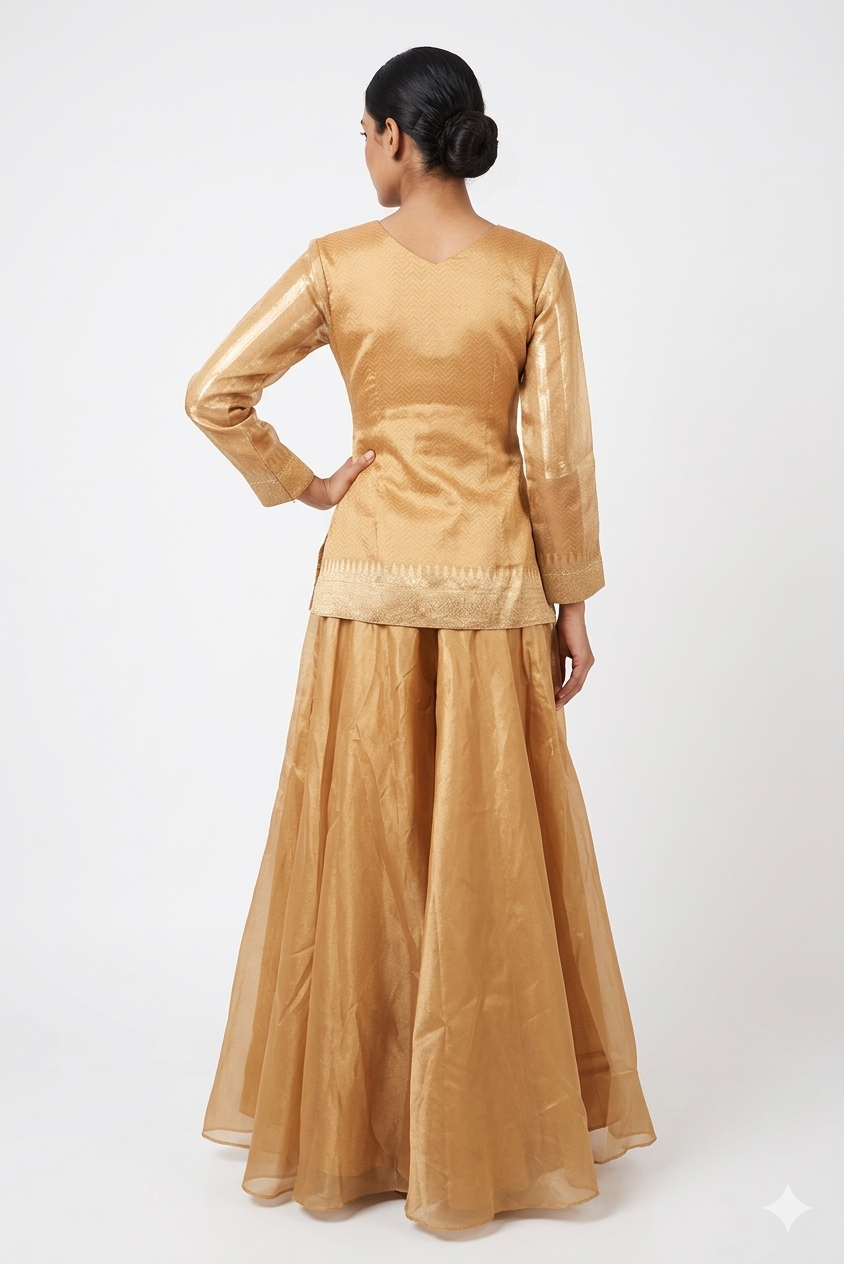 Gold Silk Lehenga Set With Embroidered Kurta & Organza Dupatta