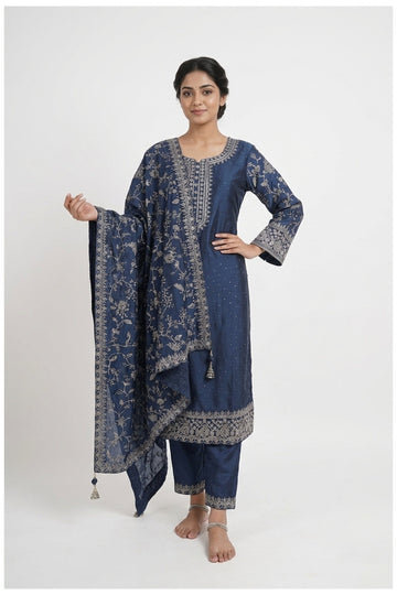 Navy Blue Embroidered Kurta Pant Set With Dupatta