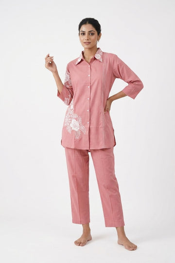 Rose Pink Floral Embroidered Shirt Style Indo-Western Co-Ord Set
