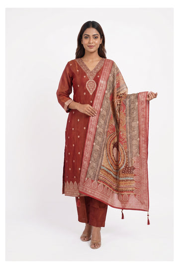 Rust Banarasi Inspired Festive Suit Set With Designer Dupatta