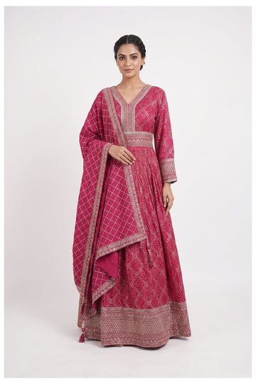 Rani Pink Embroidered Anarkali Gown Set With Dupatta