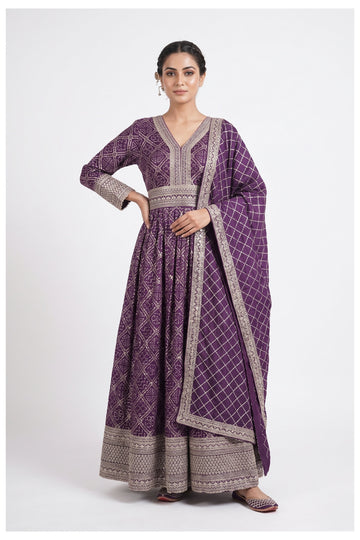 Royal Purple Embroidered Anarkali Gown Set With Dupatta