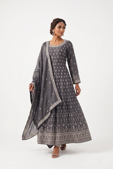 Elegant Grey Silver Embroidered Anarkali Gown Set