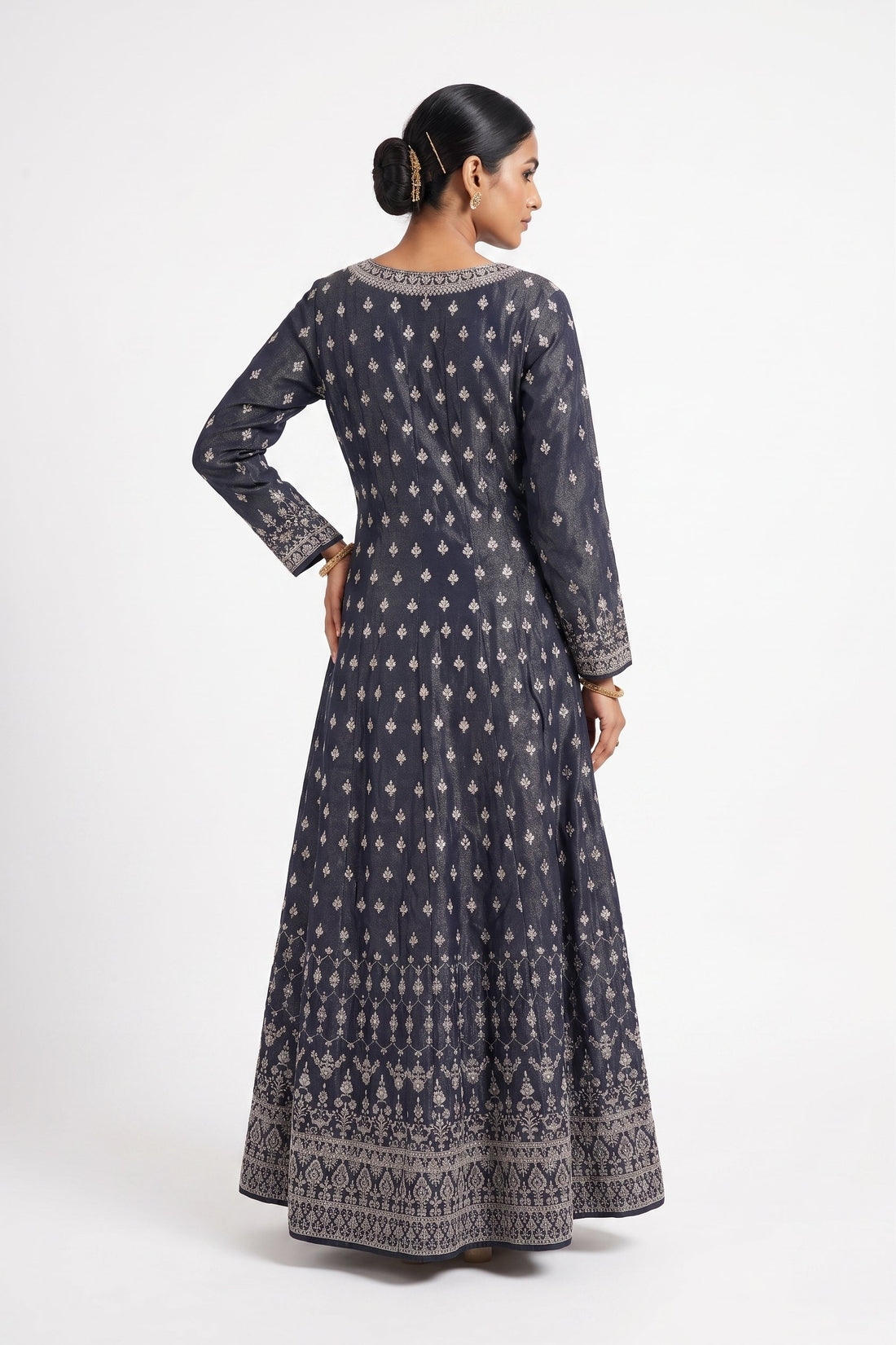 Elegant Grey Silver Embroidered Anarkali Gown Set