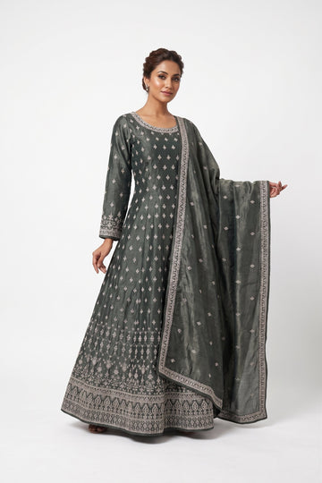 Steel Grey Silver Embroidered Anarkali Gown Set