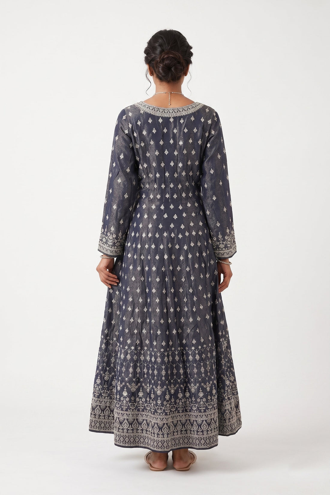 Steel Grey Silver Embroidered Anarkali Gown Set