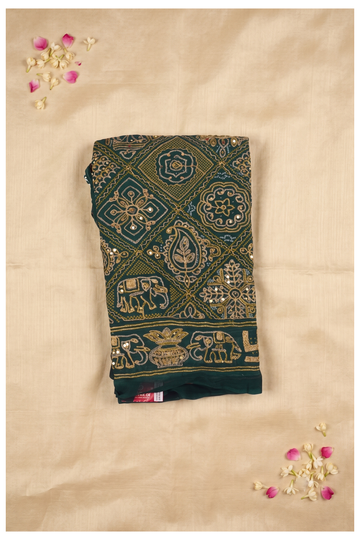 Elegant Bottle Green Embroidered Saree With Traditional Elephant And Floral Motifs