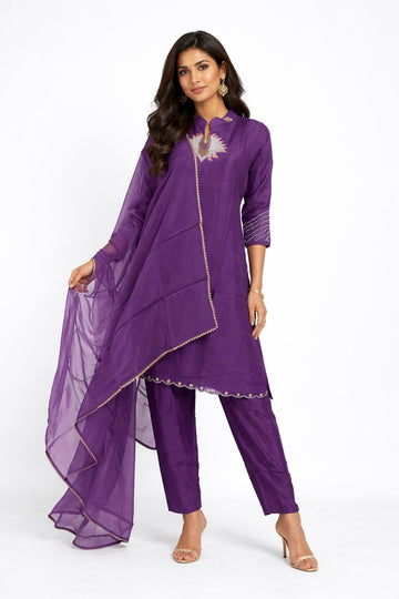 Royal Purple Embroidered Festive Indo-Western Suit Set With Dupatta