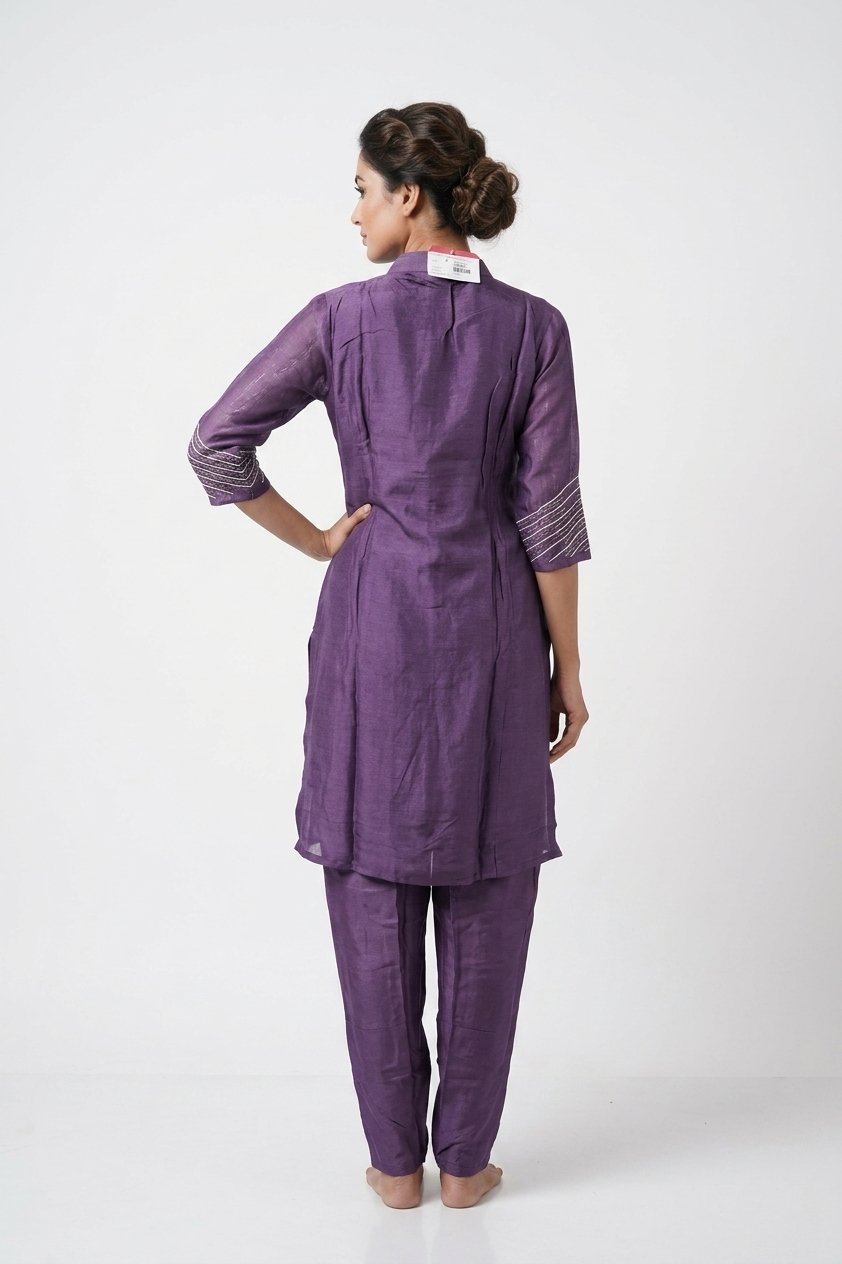 Elegant Lavender Embroidered Indo-Western Kurta Set With Dupatta