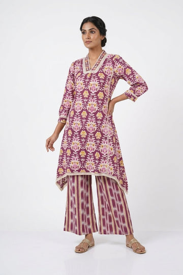 Wine Floral Printed Indo-Western Kurta With Palazzo Set