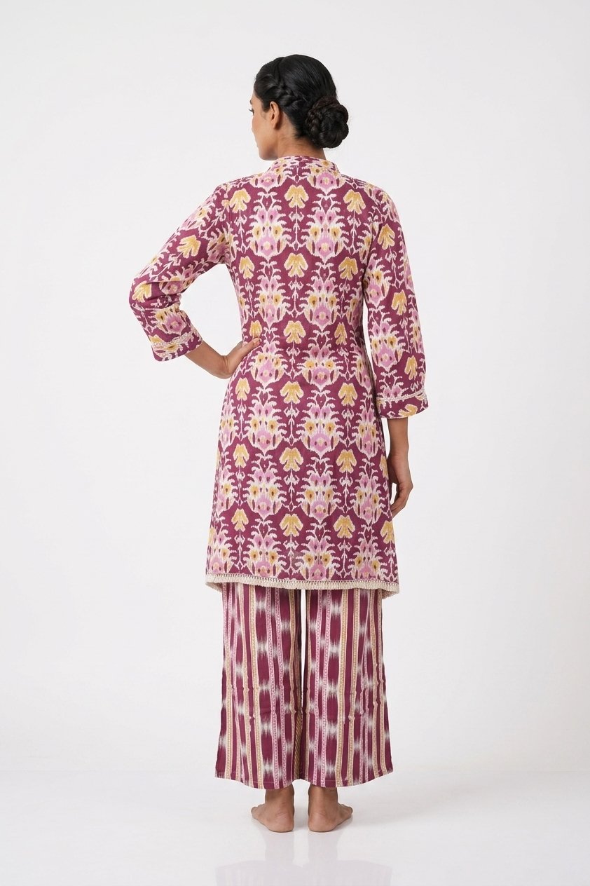 Wine Floral Printed Indo-Western Kurta With Palazzo Set