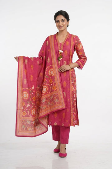Rani Pink Floral Printed Ethnic Suit Set With Dupatta