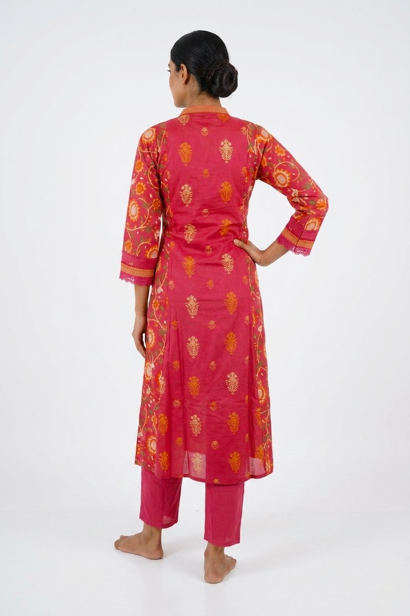Rani Pink Floral Printed Ethnic Suit Set With Dupatta