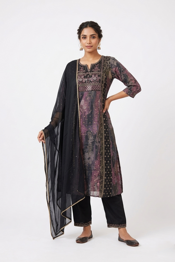 Midnight Black Floral Embroidered Kurta Set With Dupatta