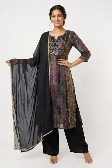 Midnight Black Designer Printed Suit Set With Organza Dupatta