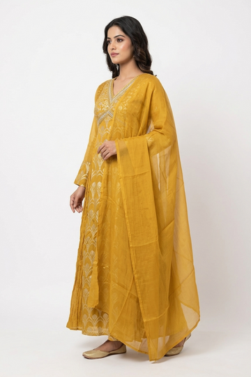 Yellow Woven Indo-Western Kurta Set with Dupatta