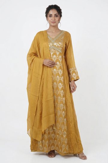 Golden Elegance Woven Anarkali Set With Dupatta