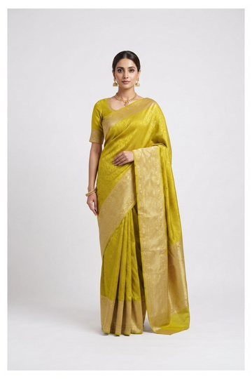 Lime Green Banarasi Art Silk Saree For Wedding & Party