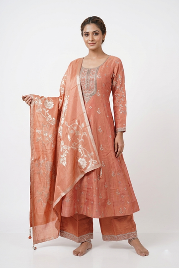 Reddish Copper Embroidered Kurta Set With Palazzo & Dupatta