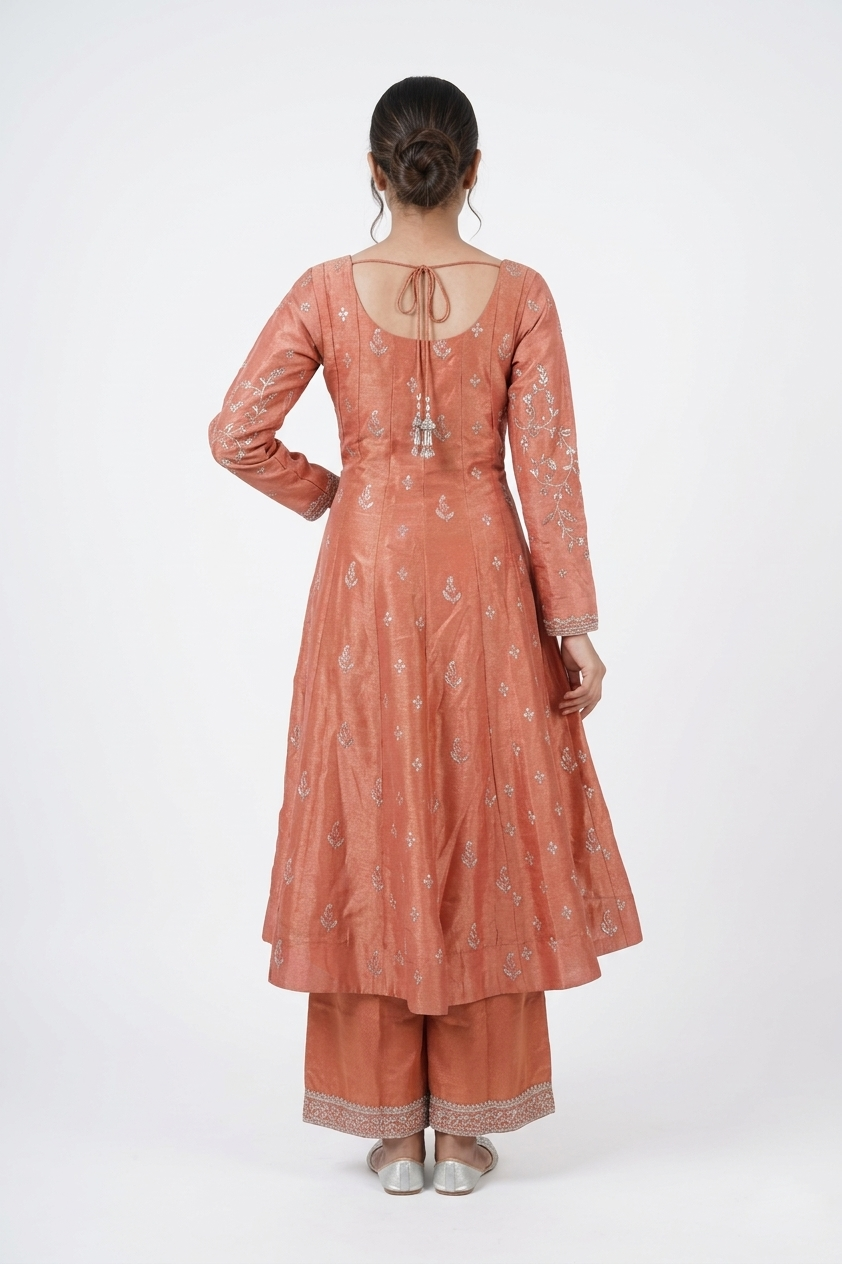 Reddish Copper Embroidered Kurta Set With Palazzo & Dupatta