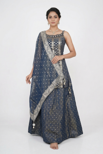 DARK DEEP STEEL Blue Zari Weave Lehenga Set with Organza Dupatta