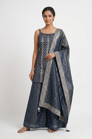 Dark Steel Blue Woven Kurta Set With Palazzo & Dupatta