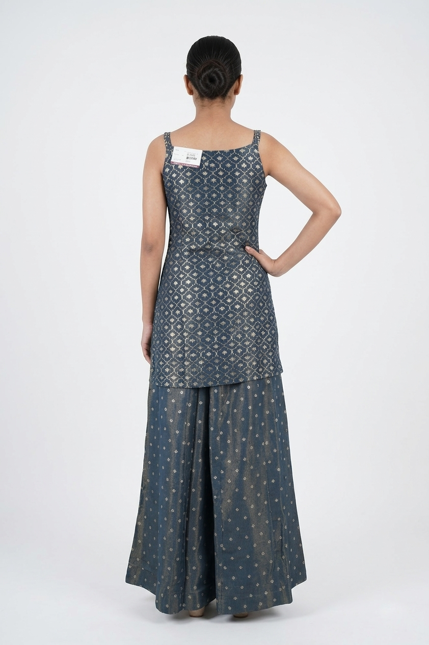 Dark Steel Blue Woven Kurta Set With Palazzo & Dupatta