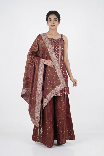 Maroon Zari Woven Kurta Set With Dupatta
