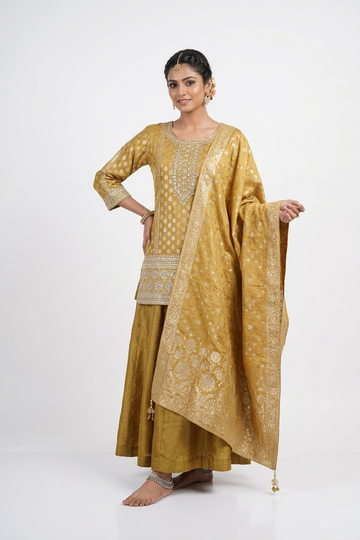 Golden Woven Kurta Set With Flared Skirt & Rich Dupatta