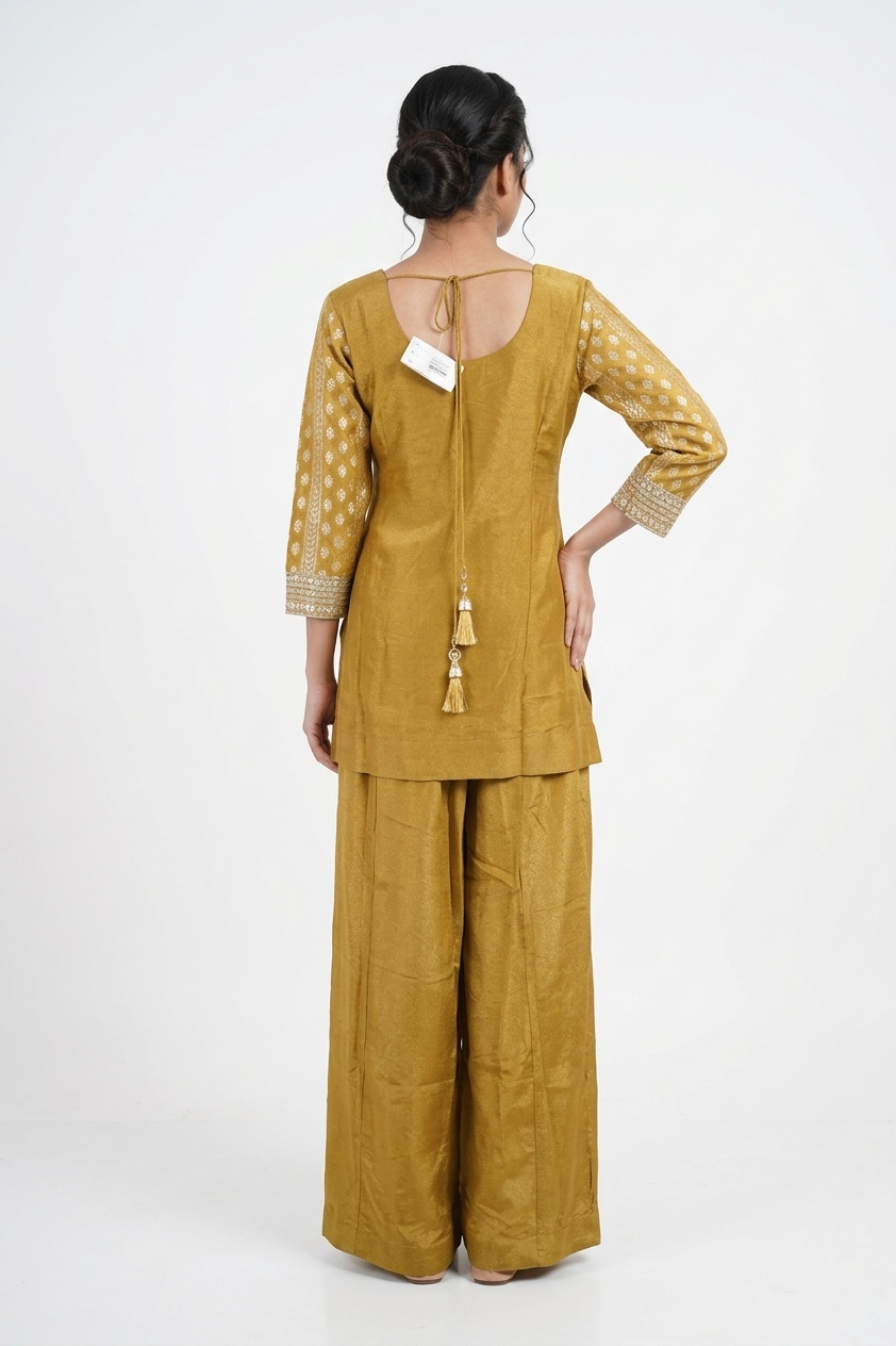 Golden Woven Kurta Set With Flared Skirt & Rich Dupatta