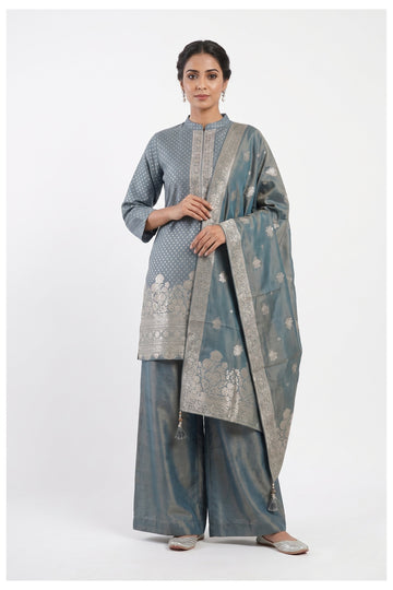Steel Blue Banarasi Kurta Palazzo Set With Dupatta