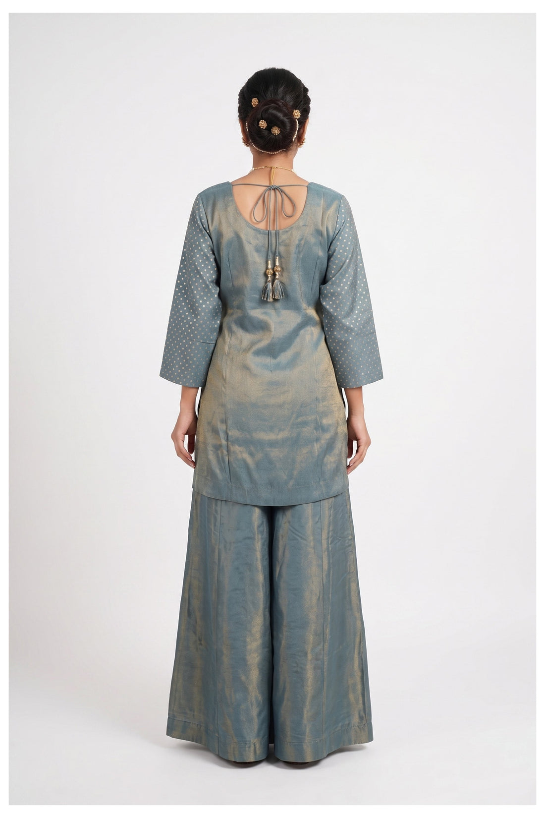 Steel Blue Banarasi Kurta Palazzo Set With Dupatta