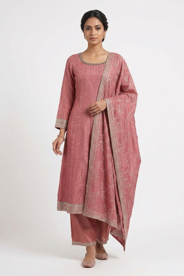Rose Pink Embroidered Kurta Set With Elegant Dupatta & Straight Pants