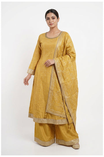 Mustard Gold Embroidered Kurta Palazzo Set With Dupatta