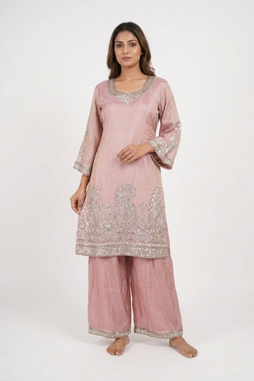 Blush Pink Embroidered Kurta With Palazzo Set