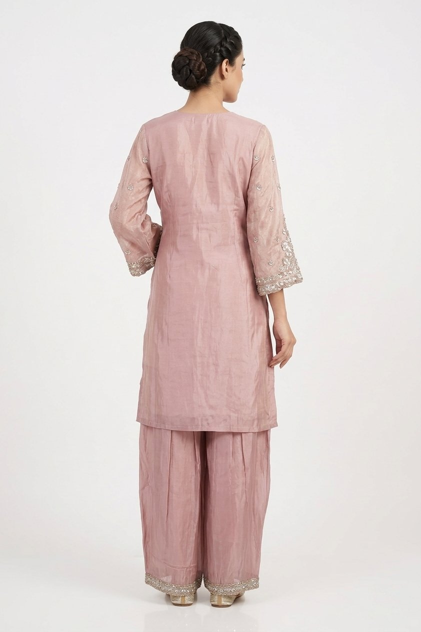 Blush Pink Embroidered Kurta With Palazzo Set