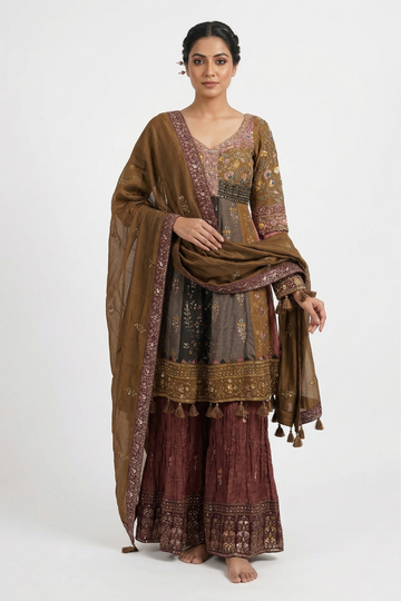Rust Brown Embroidered Indo-Western Kurta Set with Gharara & Dupatta