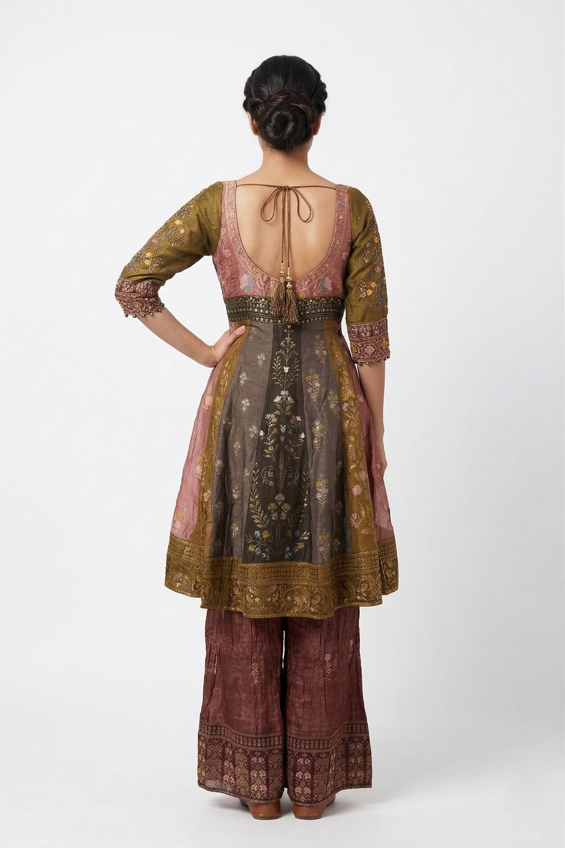 Rust Brown Embroidered Indo-Western Kurta Set with Gharara & Dupatta