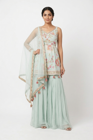 Mint Green Indo-Western Kurta Set with Palazzo & Dupatta